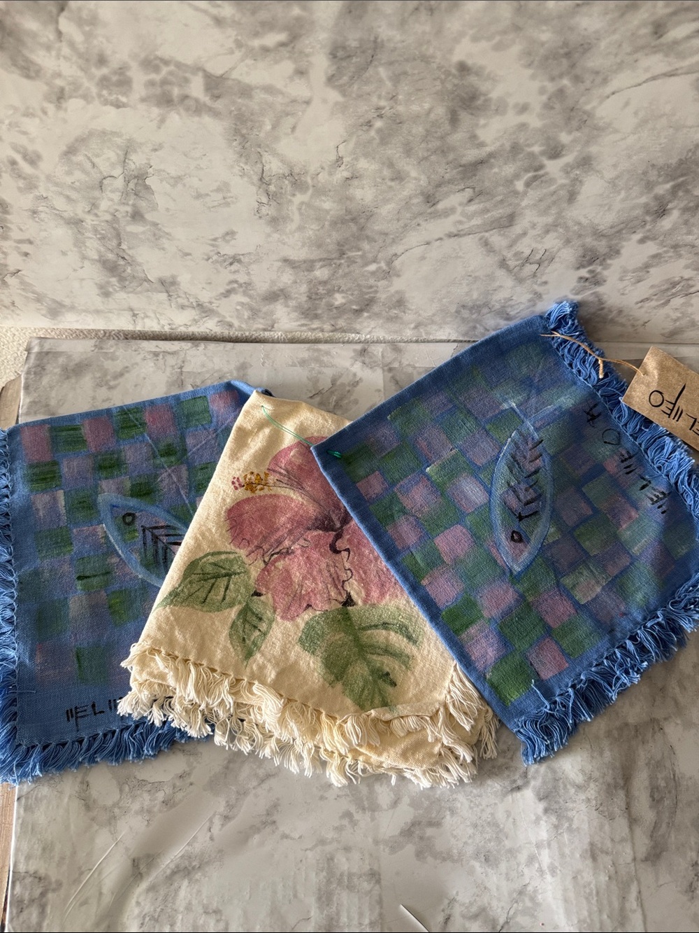 Hand-Painted Cotton towels with Floral and Fish Motifs - Blue & Cream